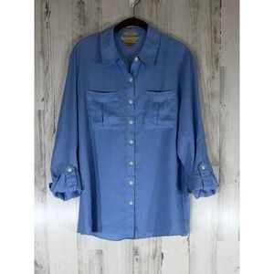 Investments Gold Label Button Down Shirt Size 14 Cornflower Blue Linen Roll-Tab